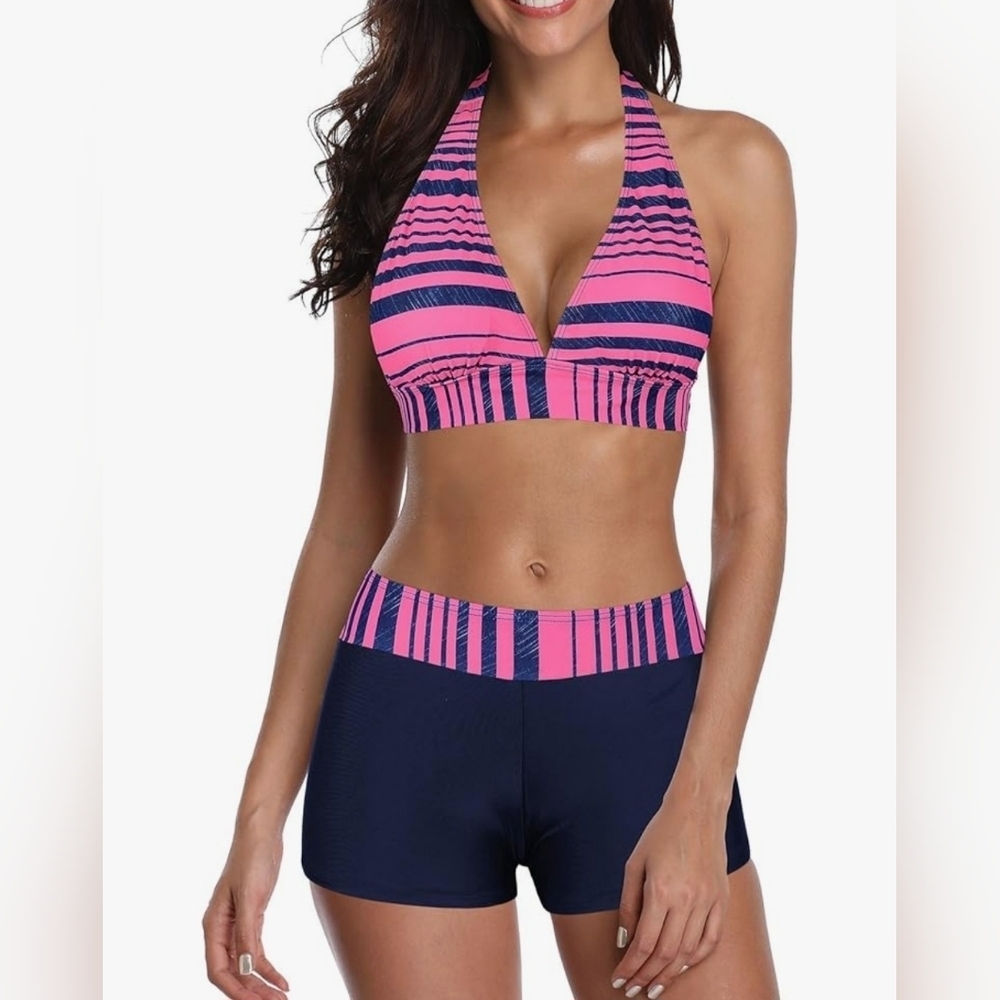 Vibrant Pink and Blue Striped Bikini Set #631 NWOT